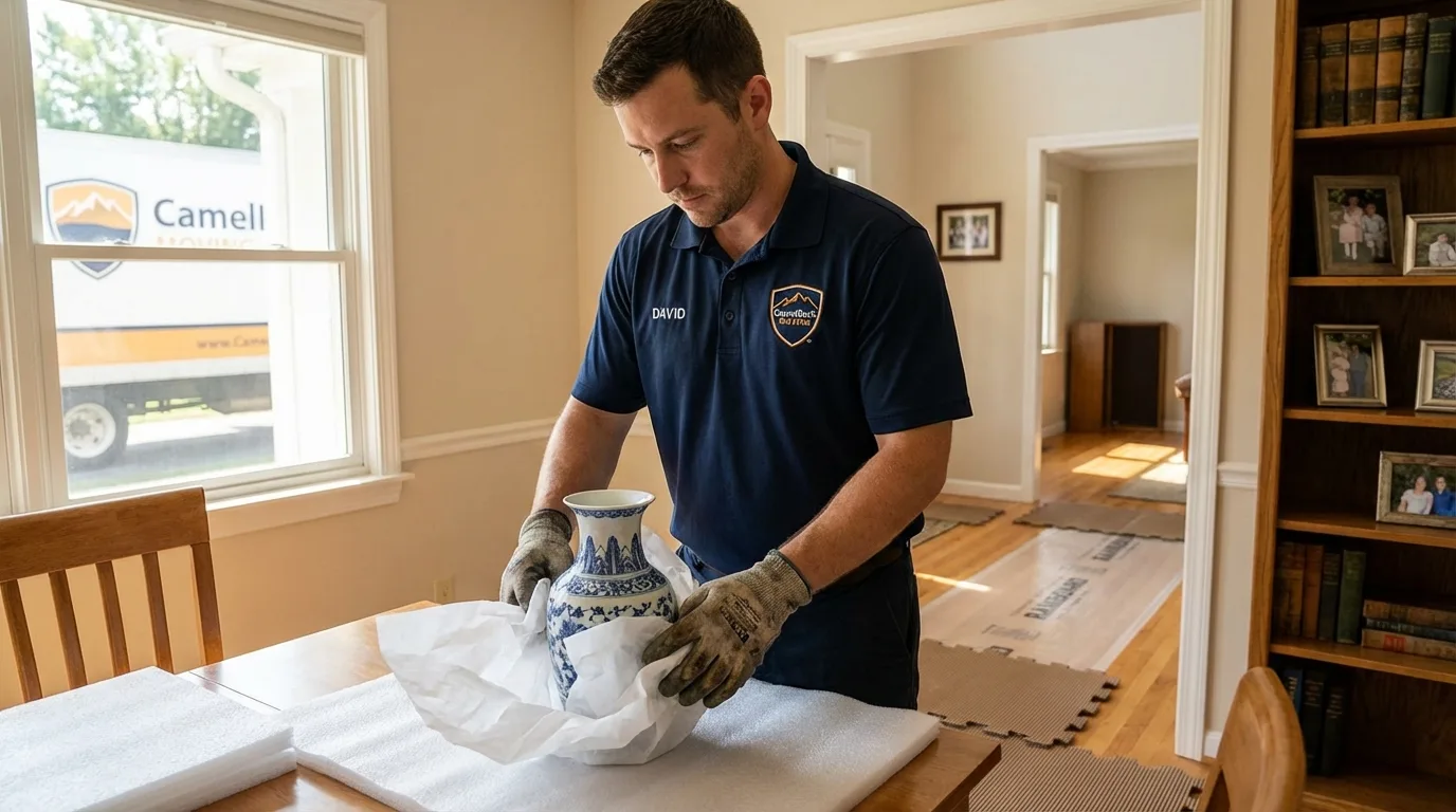 Professional crew carefully wrapping antique vase for senior downsizing move in Makawao, HI